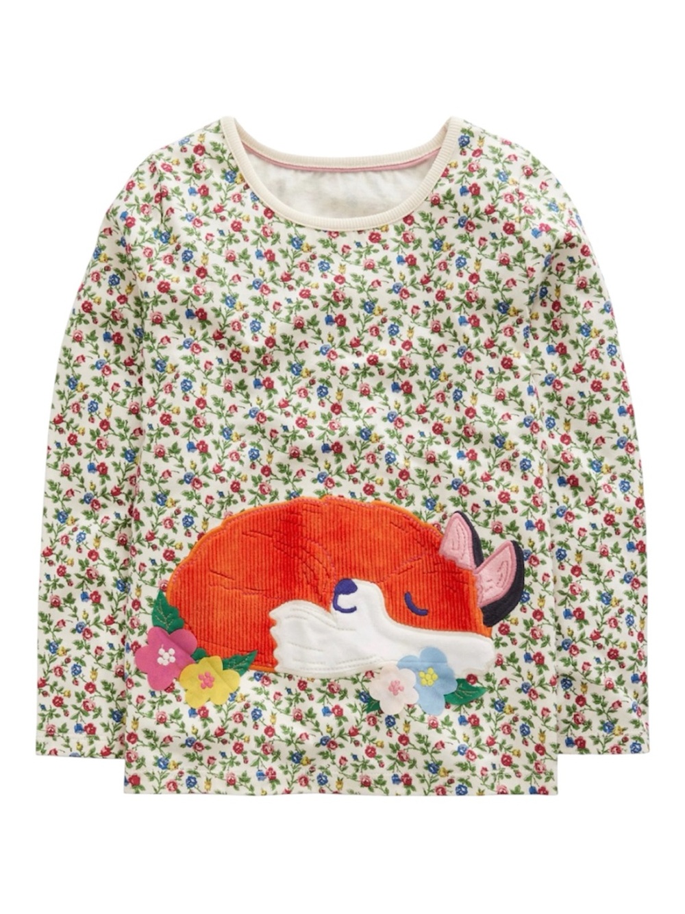 Mini Boden Cream Floral Long-Sleeve Tee with Orange Fox Applique